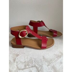 Naturalizer Brandy Red Leather T-Strap Sandals Gold Buckle Womens 8.5M